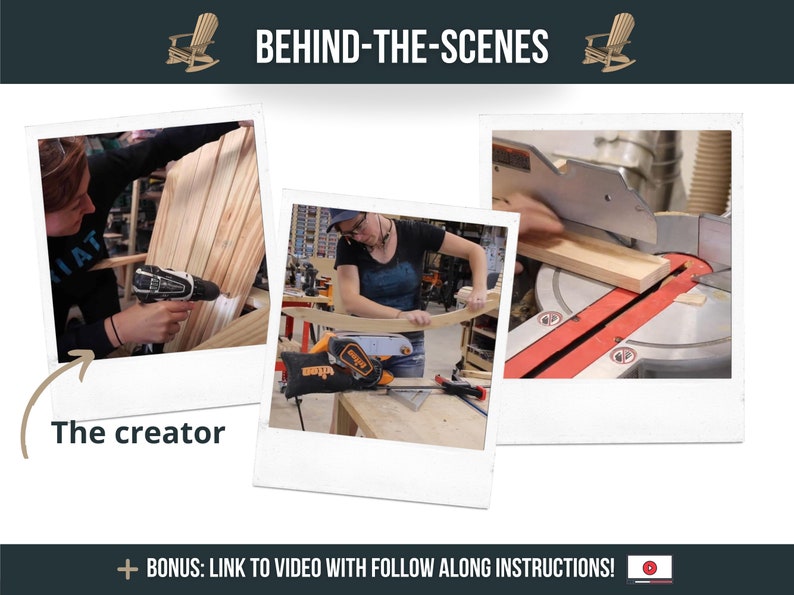 May include: Three images showing a person building a wooden chair. The first image shows a person using a drill to attach a piece of wood to the chair. The second image shows a person sanding a piece of wood with a power sander. The third image shows a person using a mitre saw to cut a piece of wood.