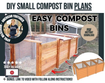 May include: DIY plans for building a small compost bin. The image shows a three-bin compost system made of wood with a wire mesh top. The plans include a link to a video with follow-along instructions.  300+ reviews.