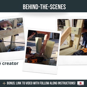 May include: Three images showing the process of building a wooden bench. The first image shows a person using a clamp to secure a piece of wood. The second image shows a person using a drill to attach a piece of wood. The third image shows a person attaching a piece of wood with screws.