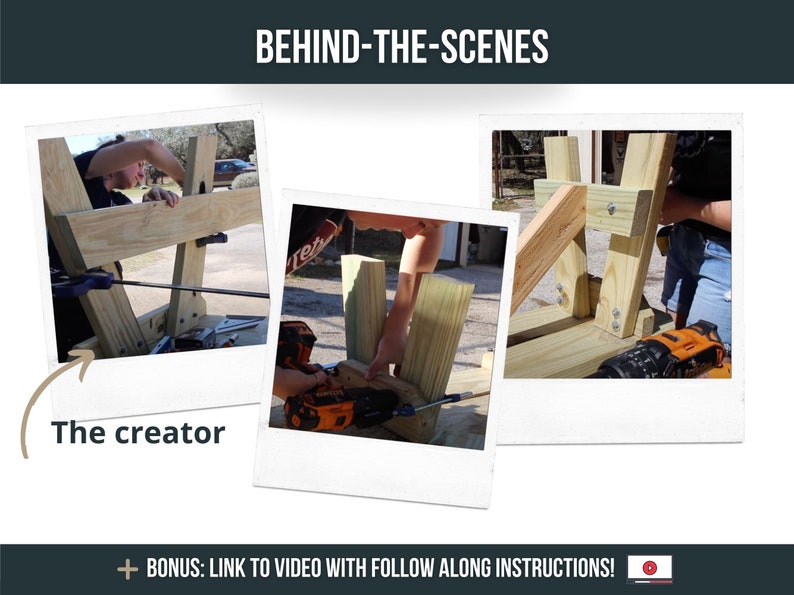 May include: Three images showing the process of building a wooden bench. The first image shows a person using a clamp to secure a piece of wood. The second image shows a person using a drill to attach a piece of wood. The third image shows a person attaching a piece of wood with screws.