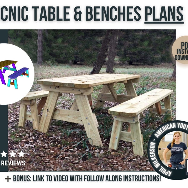 Picnic Table and detached benches Plans / PDF Digital DIY Woodworking Furniture Plans / Printable woodworking plans for outdoor picnic table