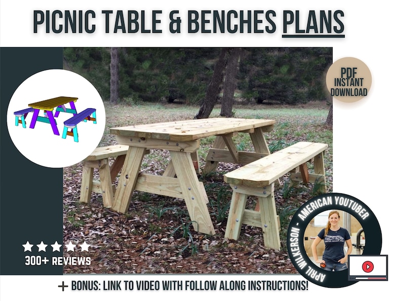 May include: DIY plans for building a picnic table and benches. The plans include a link to a video with instructions. The image shows a finished table and benches in a backyard setting.