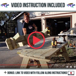 May include: A woman is building a wooden picnic table. The table is made of unfinished wood and is being assembled on a concrete driveway. The video instruction included text is visible at the top of the image.