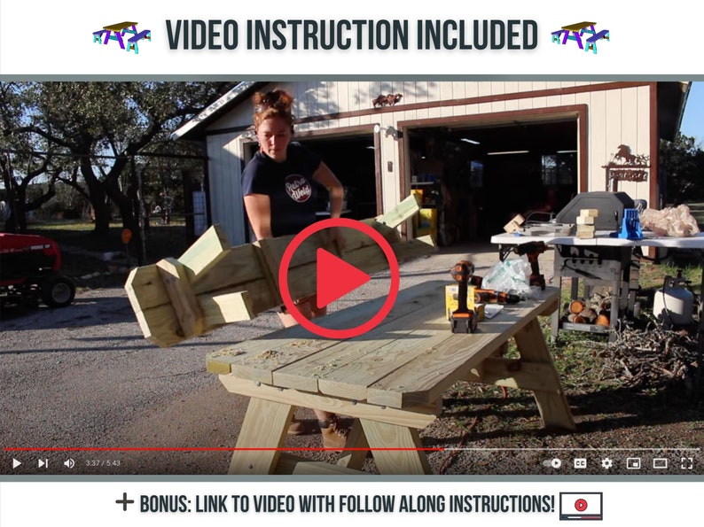 May include: A woman is building a wooden picnic table. The table is made of unfinished wood and is being assembled on a concrete driveway. The video instruction included text is visible at the top of the image.