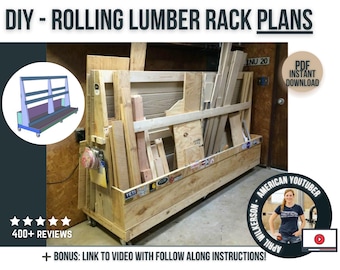 May include: DIY plans for a rolling lumber rack. The rack is made of wood and has a metal frame. It is filled with various pieces of lumber. The plans include a link to a video with instructions. The image also includes a review rating of 400+ stars and a PDF instant download button.