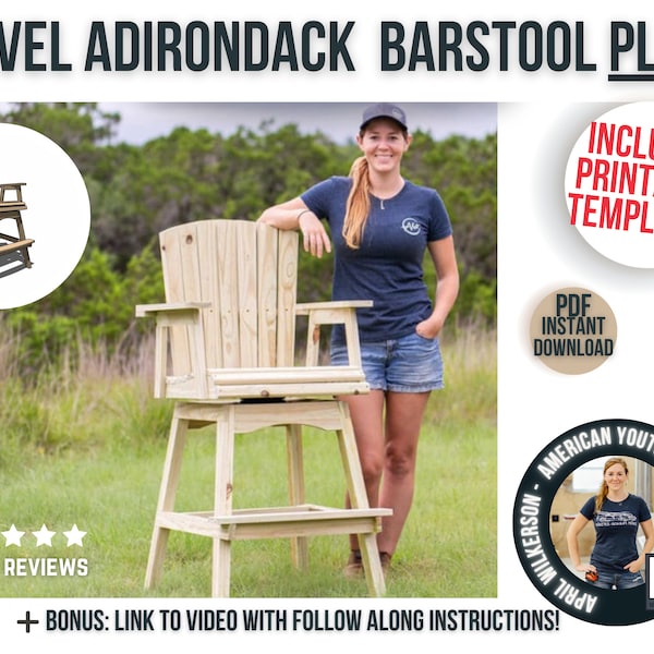 Swiveling Adirondack Barstool Plans with Templates / Digital DIY Woodworking Furniture Plans / Outdoor WoodenPatio Barstool Plans for DIYer