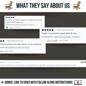 May include: Five-star reviews for a wall-mounted golf pencil holder. The reviews highlight the product's quality, fast shipping, and accurate description. The reviews include the text "Highly recommend, great seller & item" and "Item matched perfectly the description. Looks amazing!"