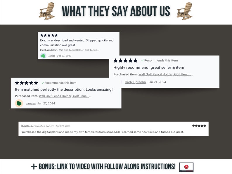 May include: Five-star reviews for a wall-mounted golf pencil holder. The reviews highlight the product's quality, fast shipping, and accurate description. The reviews include the text "Highly recommend, great seller & item" and "Item matched perfectly the description. Looks amazing!"