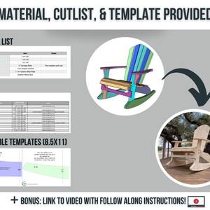 May include: A digital illustration of a rocking chair, a material list, a cut list, and printable templates for building a rocking chair. The text "MATERIAL, CUTLIST, & TEMPLATE PROVIDED" is at the top of the image. The text "+ BONUS: LINK TO VIDEO WITH FOLLOW ALONG INSTRUCTIONS!" is at the bottom of the image.