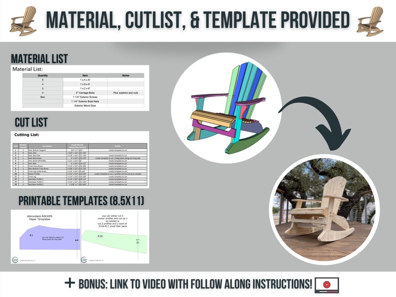 May include: A digital illustration of a rocking chair, a material list, a cut list, and printable templates for building a rocking chair. The text "MATERIAL, CUTLIST, & TEMPLATE PROVIDED" is at the top of the image. The text "+ BONUS: LINK TO VIDEO WITH FOLLOW ALONG INSTRUCTIONS!" is at the bottom of the image.