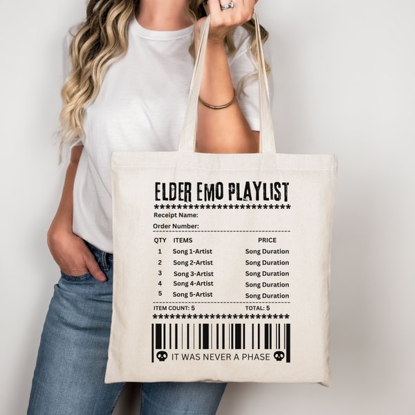 Elder Emo Playlist Custom Receipt Tote Bag,Personalized Album Song Gift,Goth Mom Concert Festival Reusable Shopping Bag,It Was Never A Phase