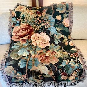 Floral Woven Blanket,Roses Monarch Butterflies Vintage Inspired Tapestry Throw,Romantic Cottagecore Garden  Mothers Day Grandma Rustic Gift