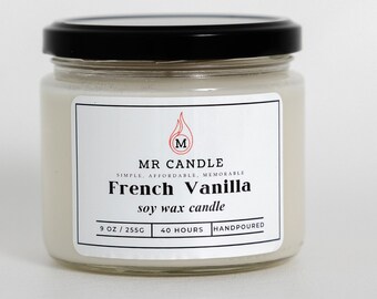 Bougie Parfumée Vanille Française | Bougie 9 oz | Monsieur Bougie | Bougies pour hommes et femmes| Cadeaux de bougies | 100 % cire de soja | Soldes !!!