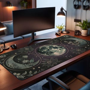 Celestial Moon Desk Mat: Vintage Floral, Dark Academia Office Decor