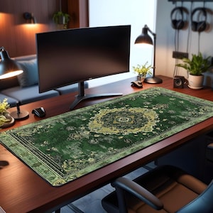 Tapete de escritorio persa vintage: decoración oriental de oficina en verde desgarrado