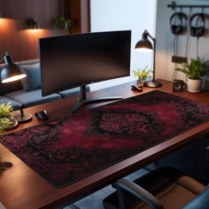 Gothic Damask Desk Mat: Burgundy & Black Vintage Pattern - XL Office Decor