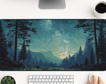 Milky Way Desk Mat: Starry Forest Landscape Mousepad