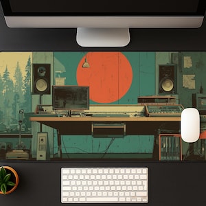 Retro Music Studio Desk Mat: Vintage Recording Setup Mousepad