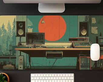 Retro Music Studio Desk Mat: Vintage Recording Setup Mousepad