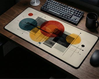 Alfombrilla de escritorio Bauhaus colorida: alfombrilla de ratón de mediados de siglo, decoración de oficina con círculos transparentes, alfombrilla de teclado estilo pop art retro, regalo modernista.