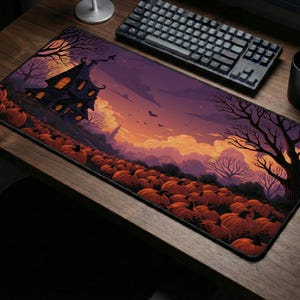 May include: A rectangular desk mat featuring a vibrant illustration of a haunted house surrounded by a large pumpkin patch under a twilight sky with orange and purple hues, bare trees, and silhouettes of flying bats against the horizon.