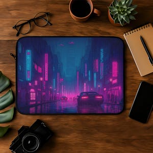 Cyberpunk City Laptop Sleeve: Neon Rainy Street Tech Case