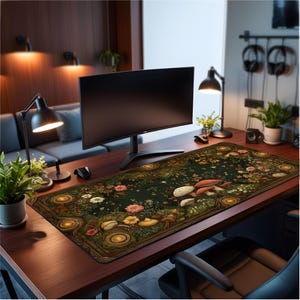 May include: A rectangular desk mat featuring a dark green background with a detailed illustration of various mushrooms, colorful wildflowers, and circular golden accents. The mat is positioned on a wooden desk surface in front of a computer monitor.