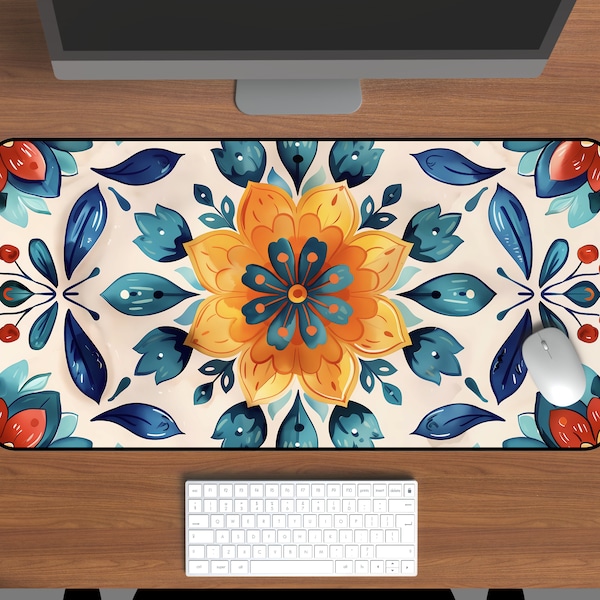 Talavera Tile Desk Mat - Vibrant Mexican Floral Mousepad, Artisanal Office Decor, Traditional Pottery Design Pad