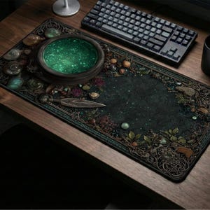 May include: A rectangular mousepad with a dark, ornate design featuring a central dark area with a glowing green circle. The border is decorated with botanical and fantasy elements. A keyboard, mouse, and mug are also visible.