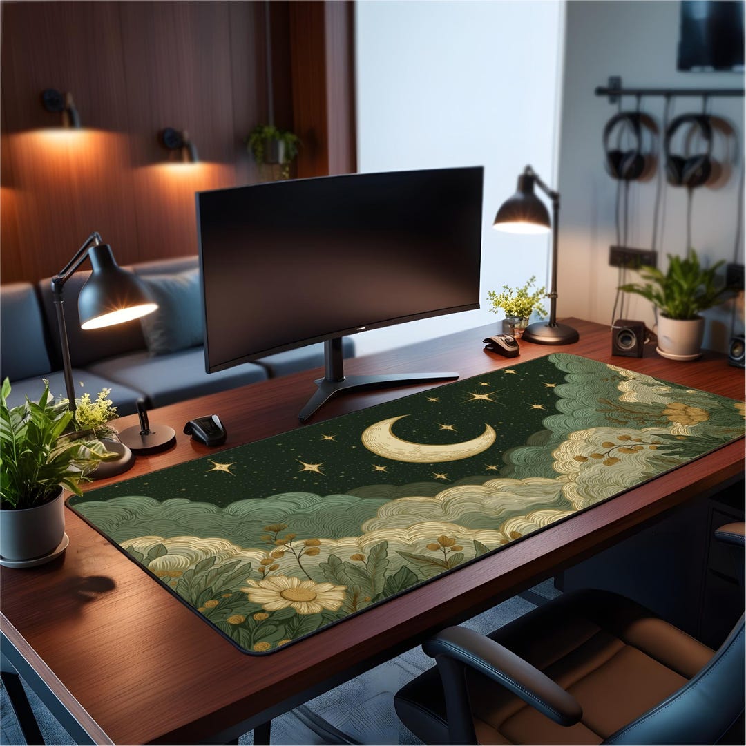 Moon Desk Golden Crescent Moon Desk Mat: Celestial Night Sky, Vintage Floral ...