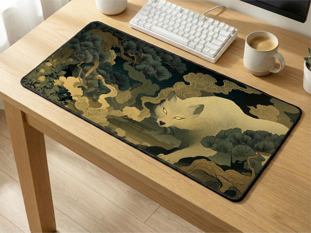 White Kitsune Desk Mat: Japanese Fox Spirit Mouse Pad, Mythical