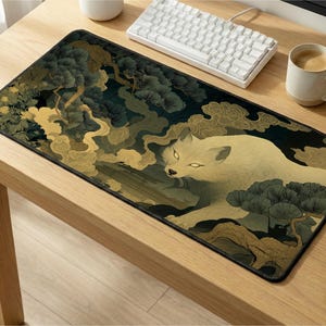 May include: A rectangular desk mat featuring a cream-colored fox with glowing yellow eyes, set against a dark background with stylized gold and green pine trees and swirling cloud patterns. The mat has a black stitched border.