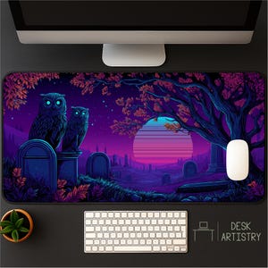 Gothic Eule Schreibtischmatte: Gruseliger Friedhof Großes Mousepad, Halloween Dekor