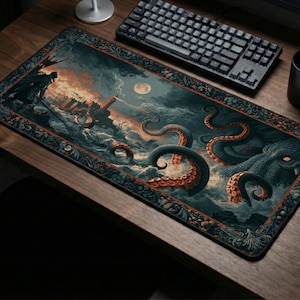 Kraken Attack skrivbordsmatta | Medeltida fantasi musmatta, mörk gotisk havsscen, spelskrivbordsdekor
