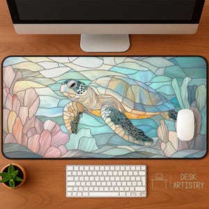 Sea Turtle Desk Mat: Faux Stained Glass Neoprene Mousepad