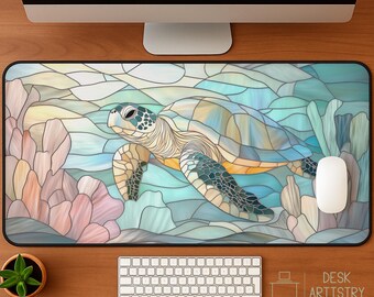 Sea Turtle Desk Mat | Faux Stained Glass Ocean Mousepad | Coastal Turtle Desk Pad | Nature Lover Gift | Beach Vibes Office Decor