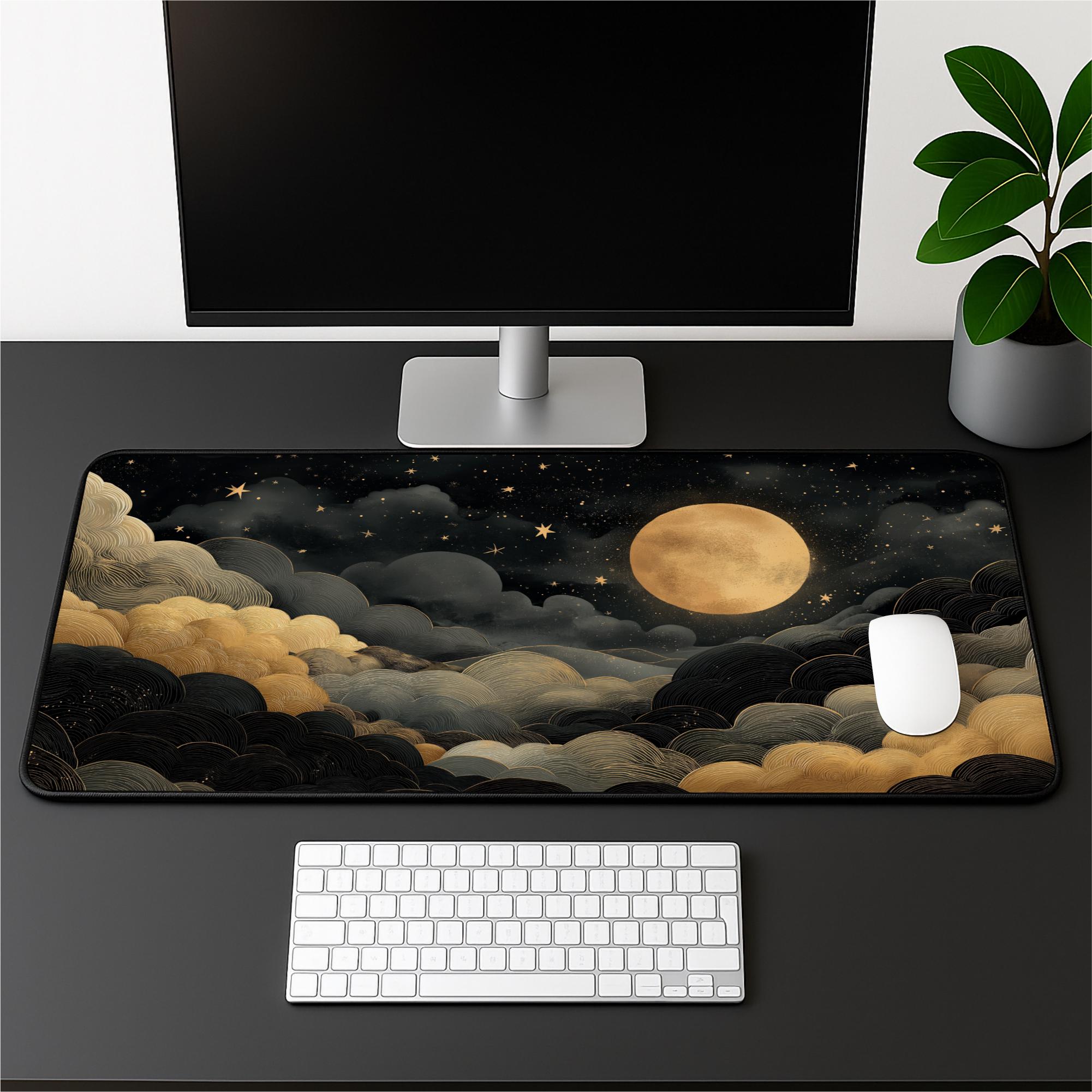 Moon Desk Golden Moon Desk Mat With Starry Night Sky: Large Cosmic Mouse Pad, Non ...