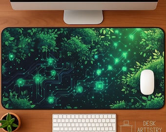 Neon Circuitry Garden Desk Mat: Cyberpunk Botanical Mousepad