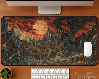 Medieval Knight Desk Mat: Dragon vs Warrior Fantasy Art