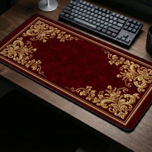 May include: A rectangular desk mat featuring a deep red velvet-textured surface with ornate gold-colored floral scrollwork patterns along the corners and edges, framed by a thin gold border on a black base.