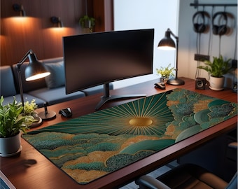 Art Deco Desk Mat with Golden Sun Design, Large Artistic Mouse Pad, Elegant Desk Pad for Office, Gaming, and Home Workspace Decor