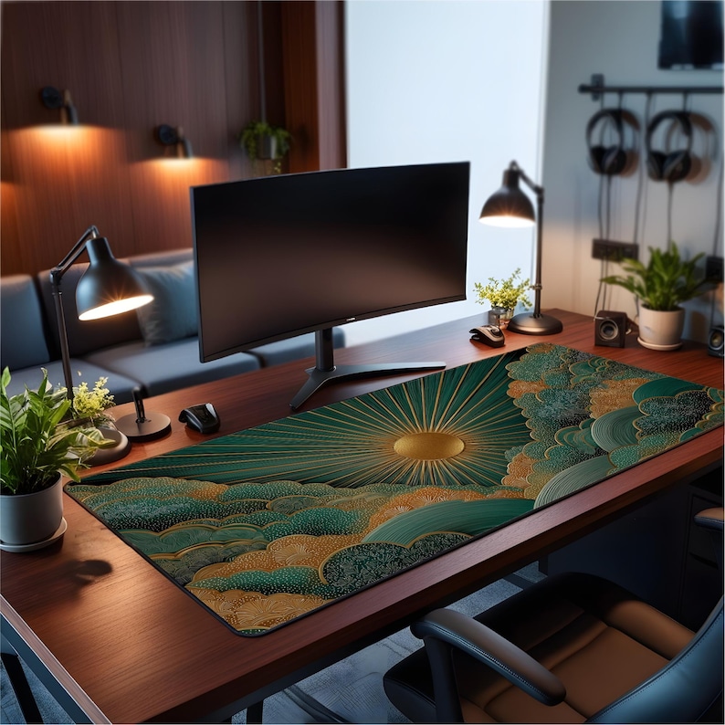 May include: A rectangular desk mat featuring a stylized sunburst design with radiating golden lines over deep green and gold textured clouds, placed on a dark wooden desk surface in front of a computer monitor and desk lamps.