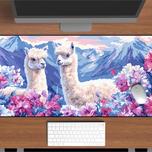 Llama Desk Mat: Pastel Mountains, Floral Office Decor