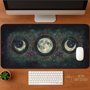 Moon Phase Desk Mat | Celestial Witchy Mousepad | Triple Moon Office Decor | Dark Boho Aesthetic Gift for Her