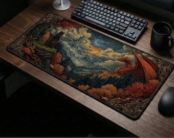 May include: A rectangular mousepad featuring a fantasy landscape with a red dragon, mountains, and autumn foliage. The artwork has a vintage, painterly style with warm colors and intricate details. A black keyboard, mouse, and mug are on a wooden desk.