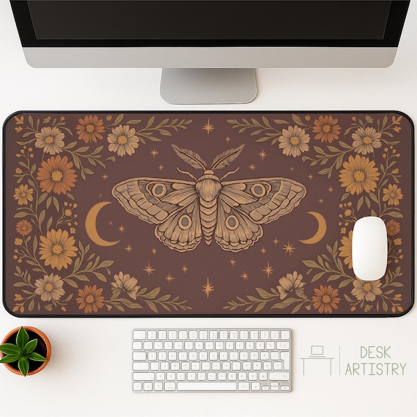 Moth Moon Desk Mat: Boho Gothic Celestial Workspace Decor