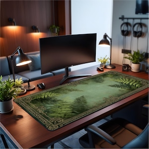 May include: A rectangular desk mat featuring a forest scene with ferns and trees in shades of green and brown. The mat has a decorative border and is placed on a wooden desk, with a computer monitor and other office accessories.