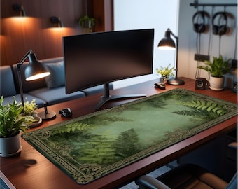 Vintage Botanical Fern Desk Mat in Deep Green: Large Nature Mouse Pad, Elegant Desk Pad for Gaming, Office, and Home Workspace Decor
