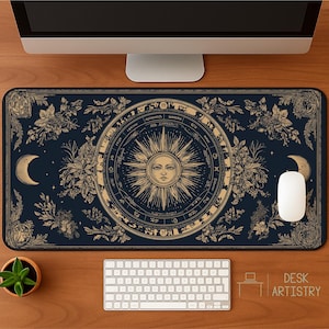 Alfombrilla de escritorio celestial / Alfombrilla de ratón con sol del zodíaco / Alfombrilla de escritorio de astrología mística / Decoración ocultista vintage / Regalo de oficina de brujas