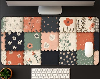 Floral Patchwork Desk Mat: Cottagecore Quilted Style Mousepad